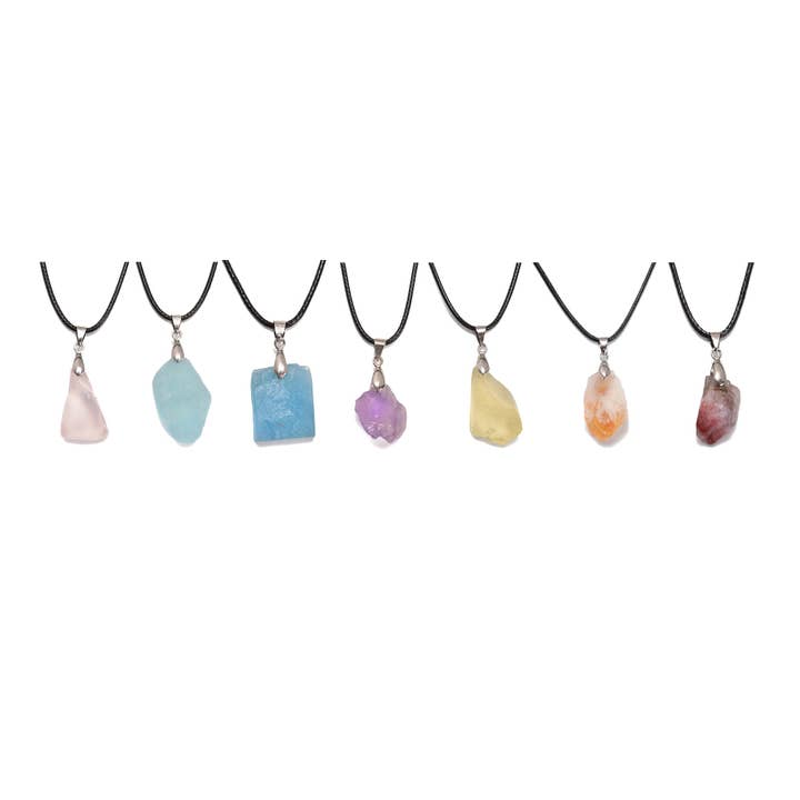 Crystal Gemstone Rough Chunk Point Pendant 18'' Cord Necklace Rose Quartz, Aquamarine, Amethyst, Lemon Quartz, Citrine, Auralite 23 for wholesale by CRCBEADS