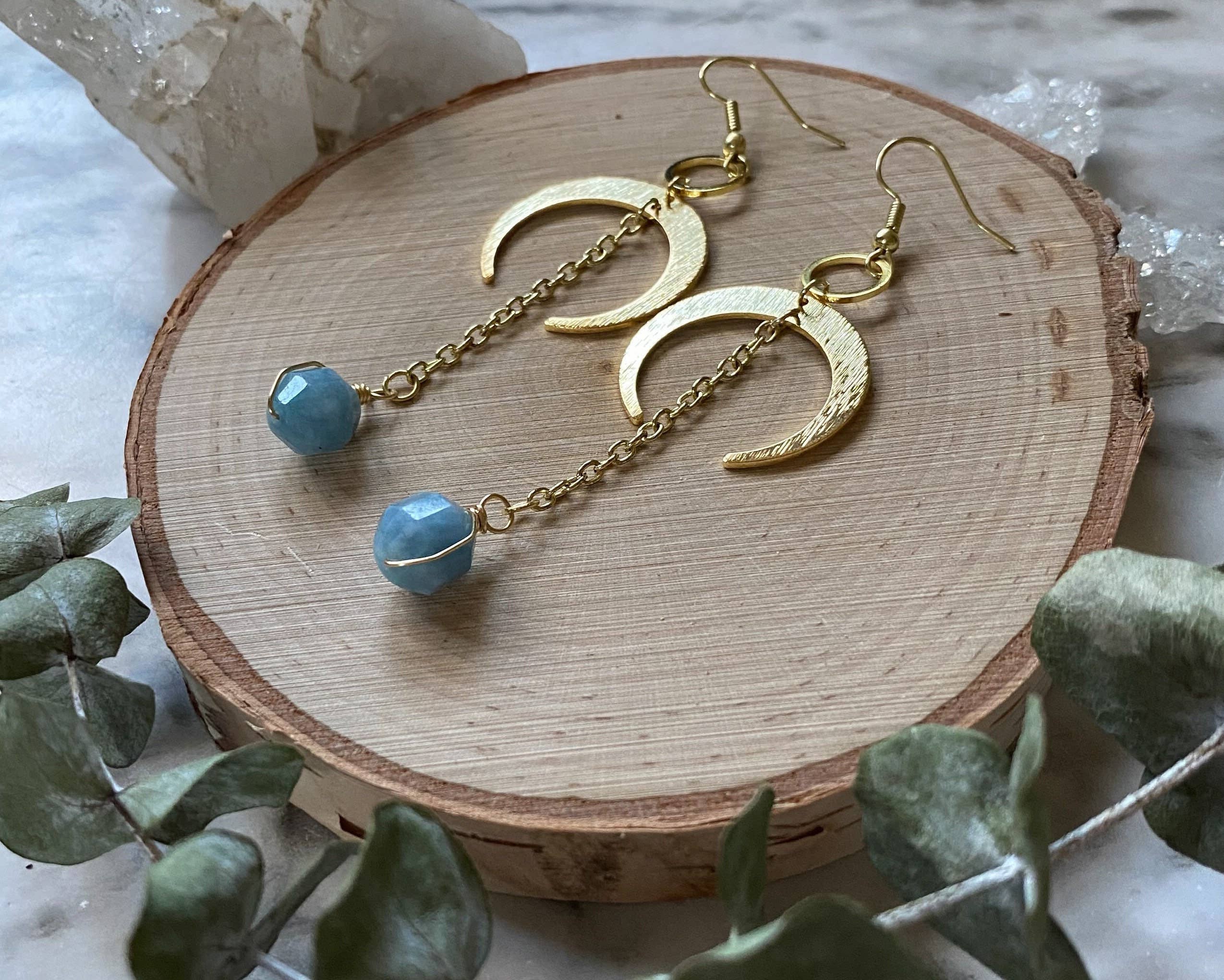 Moonchild Society – Brincos de argola por atacado – Brincos pendentes de lua crescente de ouro ou prata +água-marinha - joia de cristal bruxa celestial6