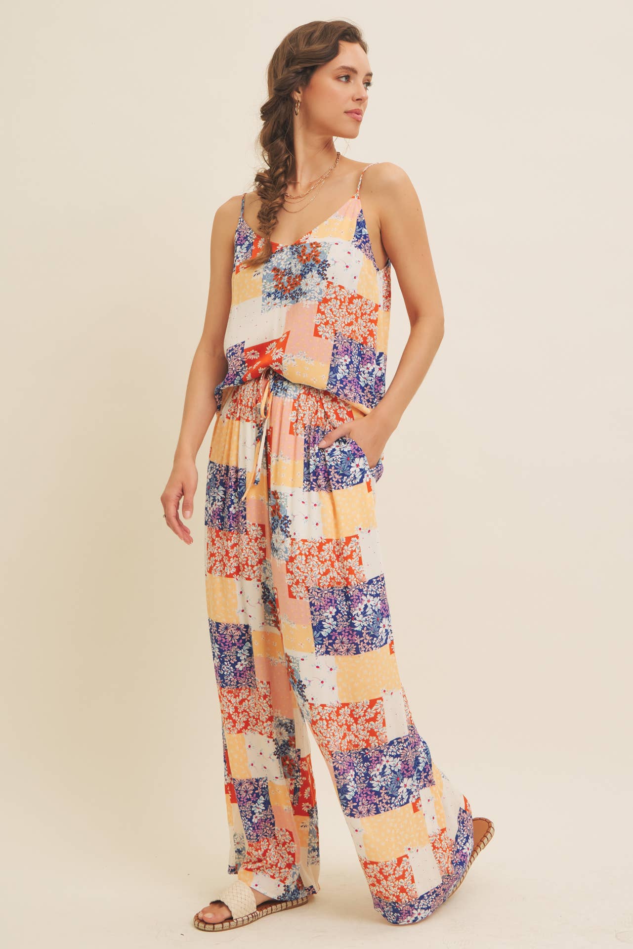 DENIM MULTI SOFT RAYON GAUZE FLORAL PATCHWORK WIDE LEG PANTS WITH POCKET for wholesale on Faire12