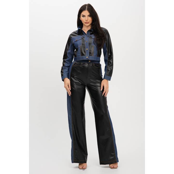 DORCAS - Wholesale Top & Pant Set (NOT Loungewear) - Women's - PU DENIM CONTRAST JACKET AND PANT SET5