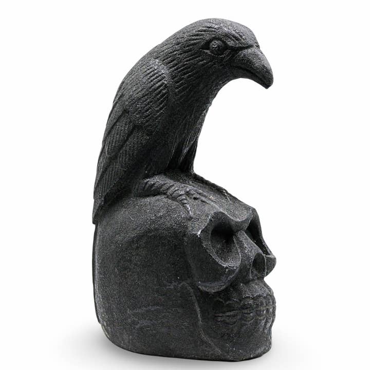 Arômes & Évasions - Wholesale Sculpture - Home Decor - Volcanic Stone Statue - Skull & Raven2