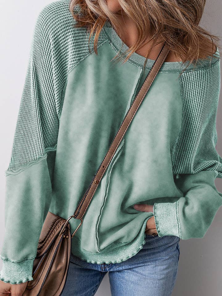 Suhkasana - Wholesale Sweatshirt - Women's - Solid Waffle Knit Patchwork Raglan Sleeve Sweatshirt