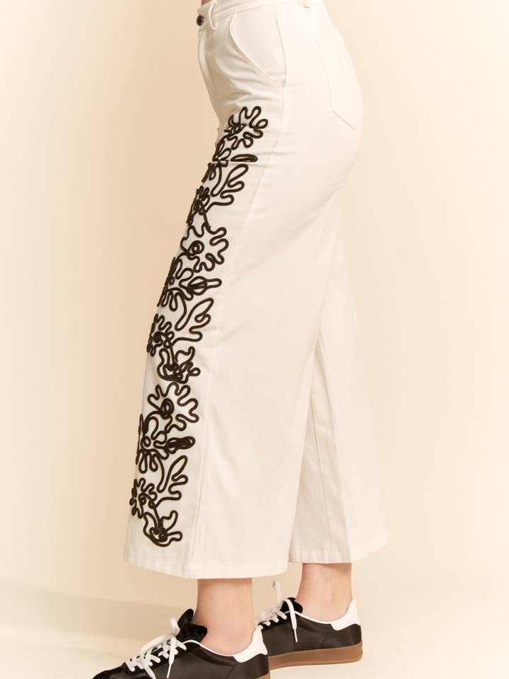 LINEN CORD FLORAL EMBROIDERED SIDE ELASTIC BACK PANTS for wholesale on Faire5