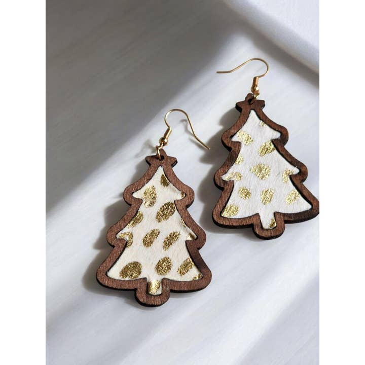 The Bling Barn - Wholesale Dangle earrings - Wood Christmas Tree Gold Fleck Earrings1