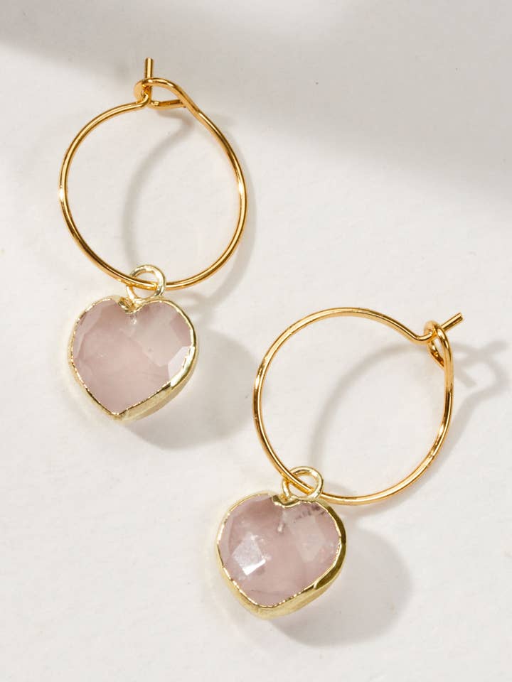 Conversation Heart Mini Hoop Earrings - Rose Quartz for wholesale by Luna Norte