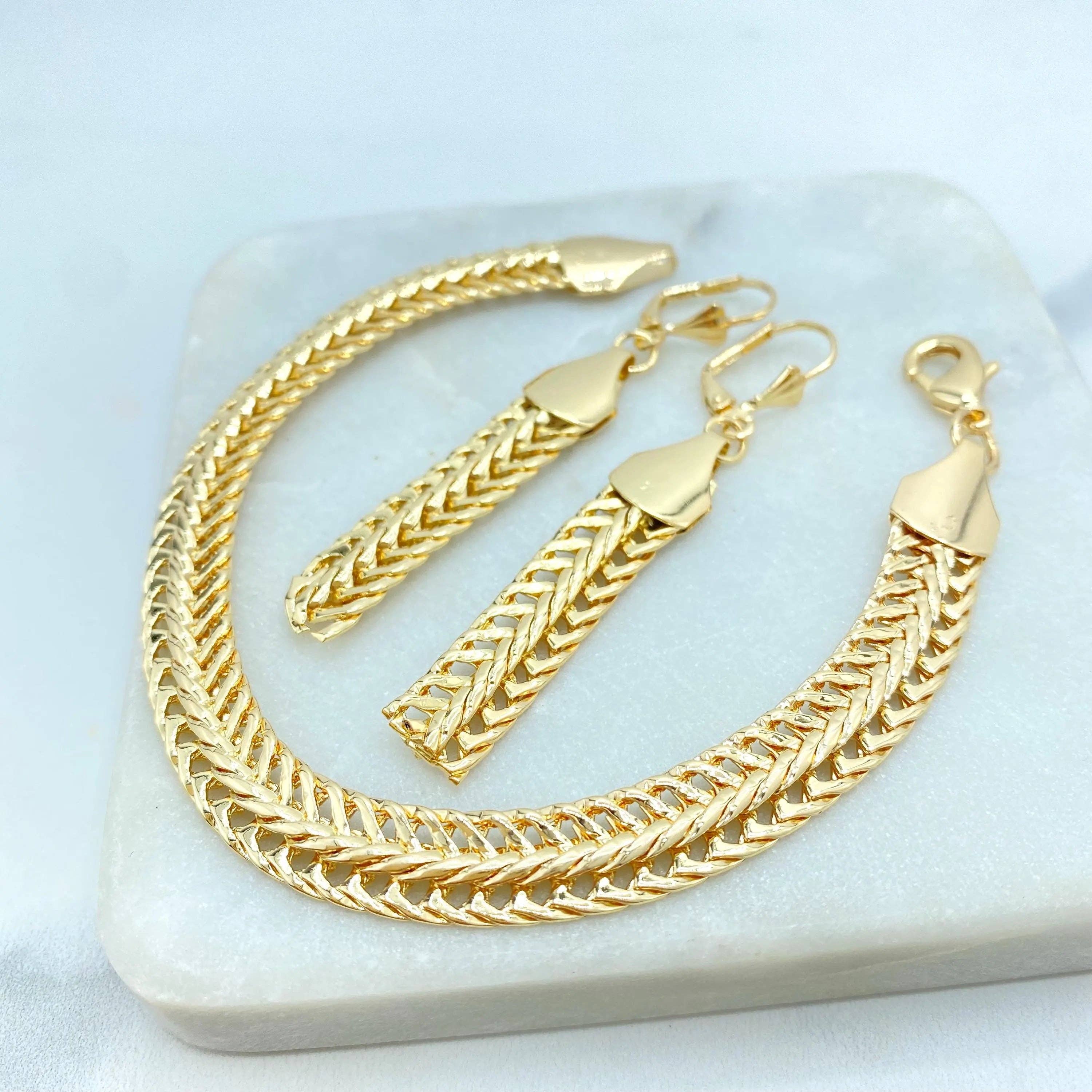 Luxus Accessories - Wholesale Jewelry Set - 18k Gold Filled Herringbone Chain Jewelry Set, Necklace Bracelet and Earrings, Flat Polished Gold Design5