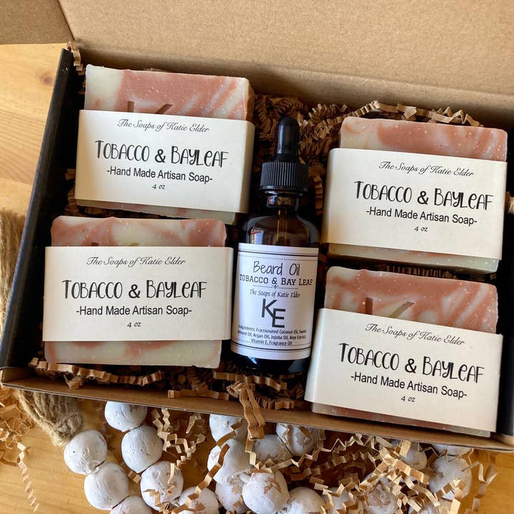 Caja de regalo Tobacco & Bayleaf para hombre, caja de regalo de jabón y aceite para barba de 4 onzas para venta al por mayor de The Soaps of Katie Elder