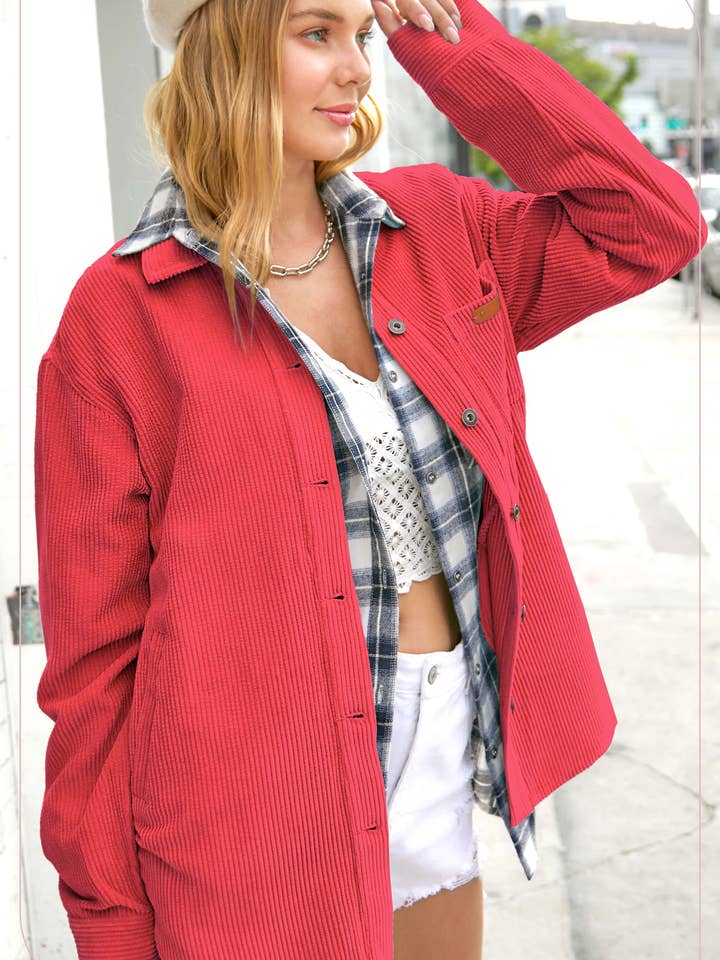 JKT1767-Loose Fit Button Down Corduroy Shacket with Pockets for wholesale by La Miel