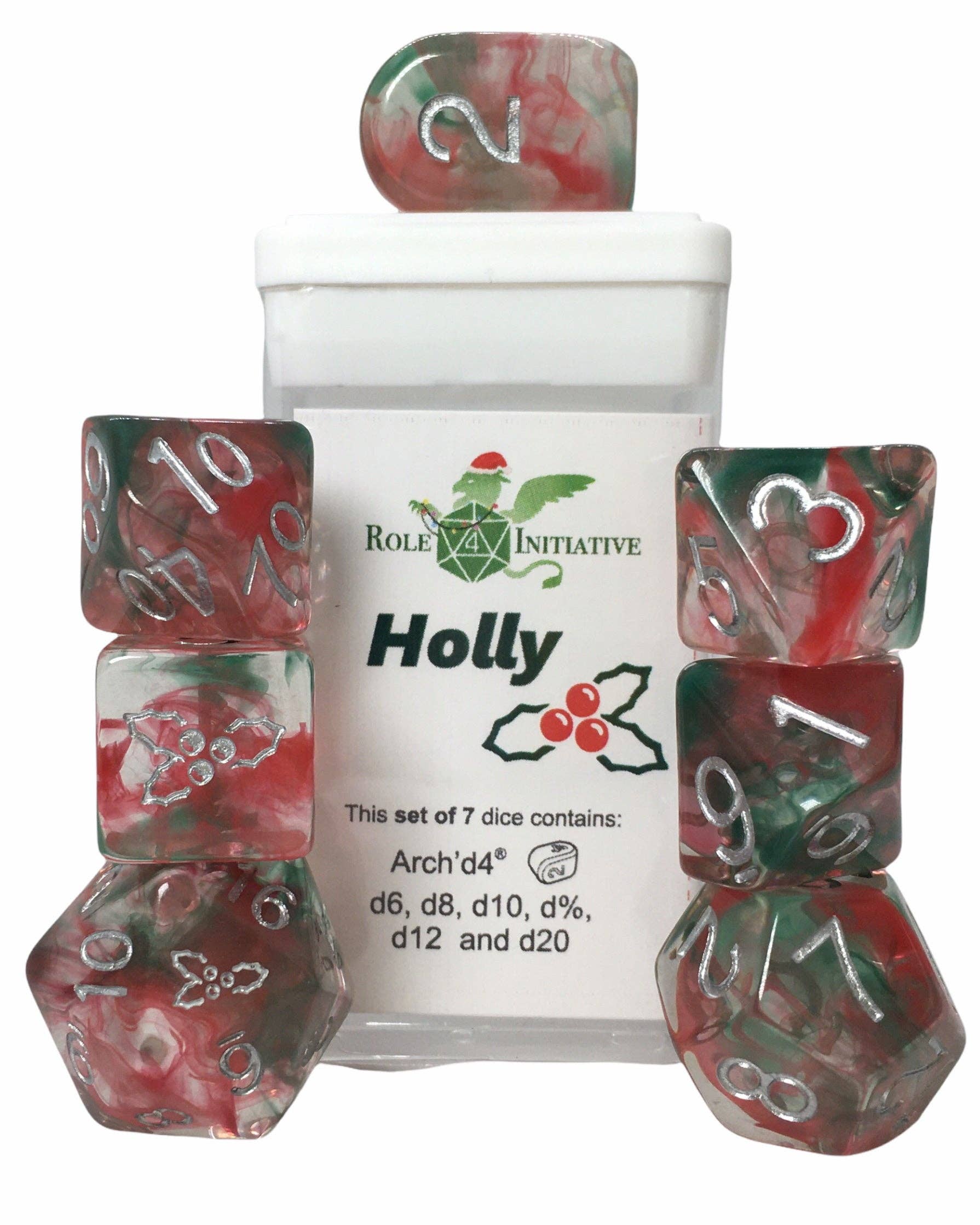 Role 4 Initiative - Wholesale Dice - Holidice Diffusion Holly - Set of 7 Dice w/ symbols on d6 & d20