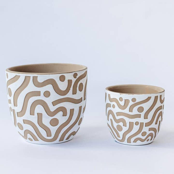 Terracotta Pot with Aztec Inspired Design, Set of 2 for wholesale by Forpost Trade Inc