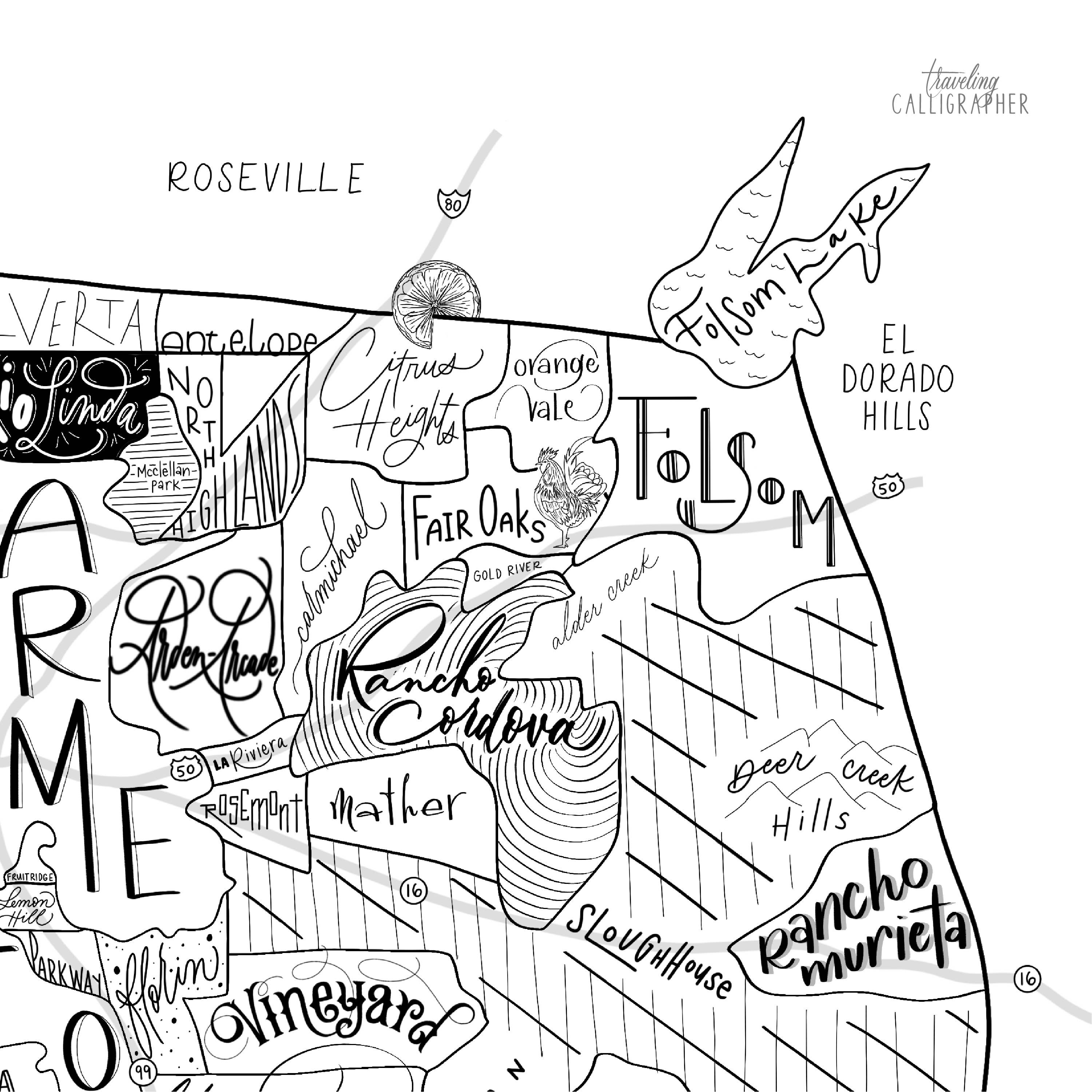 Traveling Calligrapher - Wholesale Art Print - Sacramento County, CA Neighborhood Map Print (3 sizes)3