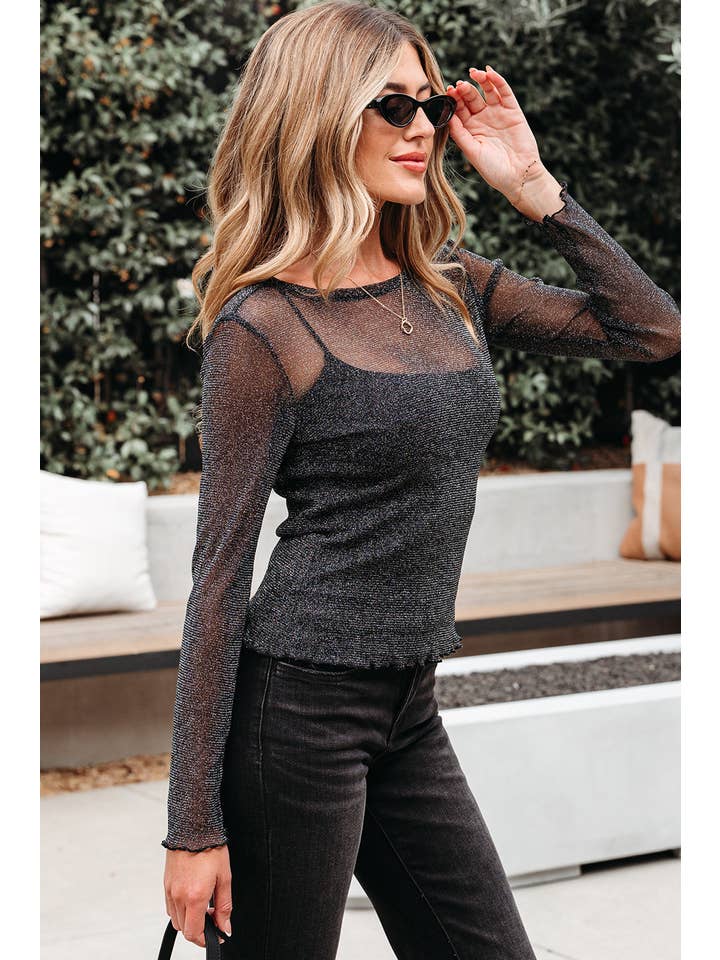 Black Metallic Glitter Mesh Long Sleeve Top for wholesale on Faire2