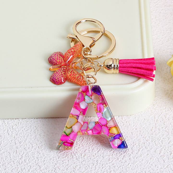 MKS America - Wholesale Keychain - Women's - Glitter Butterfly 26 English Letter Tassel Resin Keychain