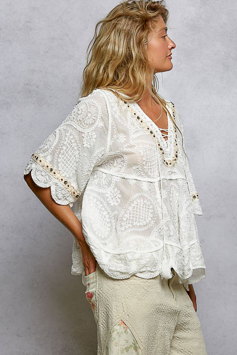 Pol Clothing - Wholesale Blouse - Women's - Short Sleeve Adjustable Drawstring Crochet V Neck Top7