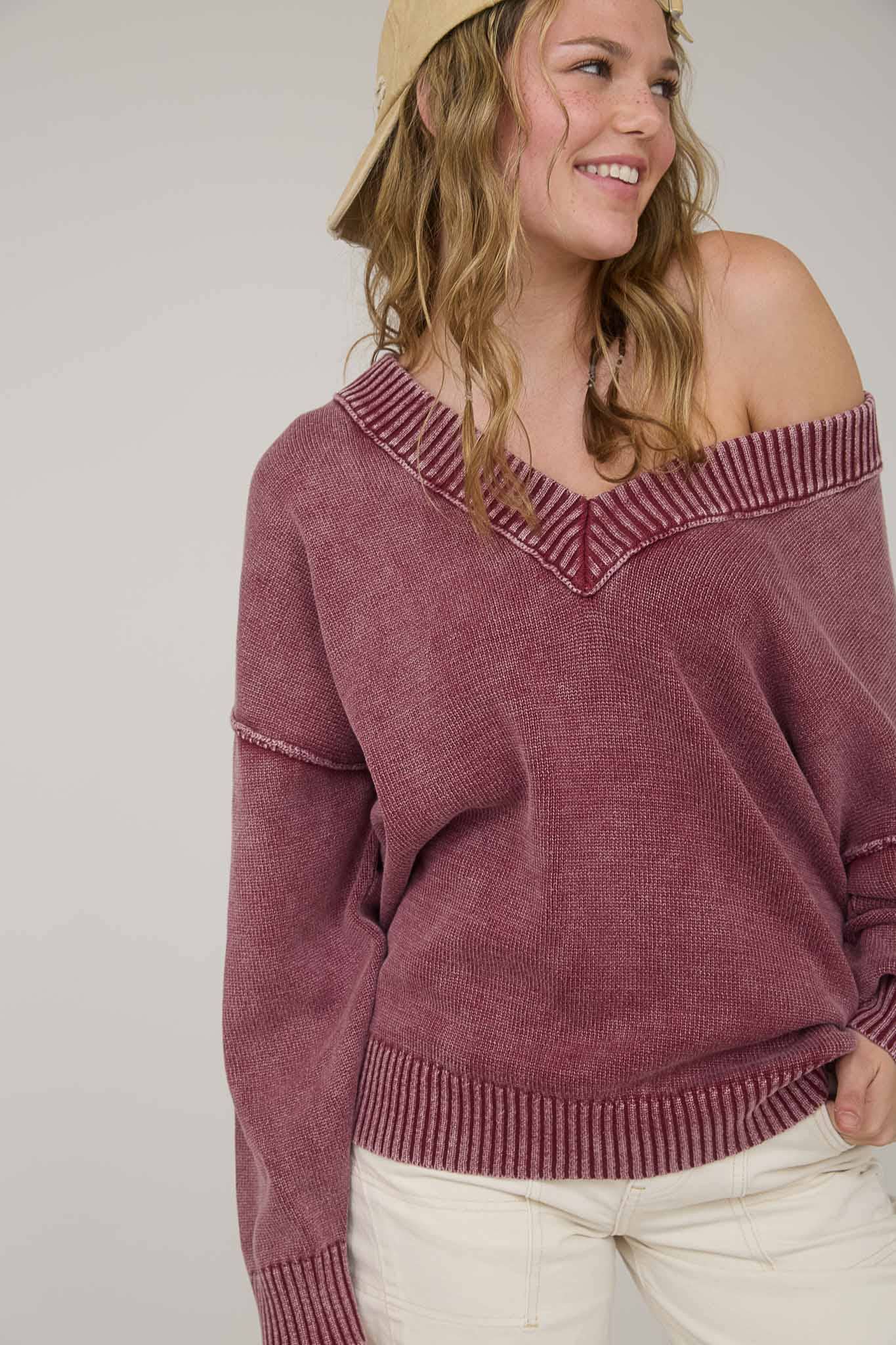 Blu Pepper - Vente Pull en maille – femme - PULL EN TRICOT SURDIMENSIONNÉ À MANCHES LONGUES ET COL EN V DÉLAVÉ14