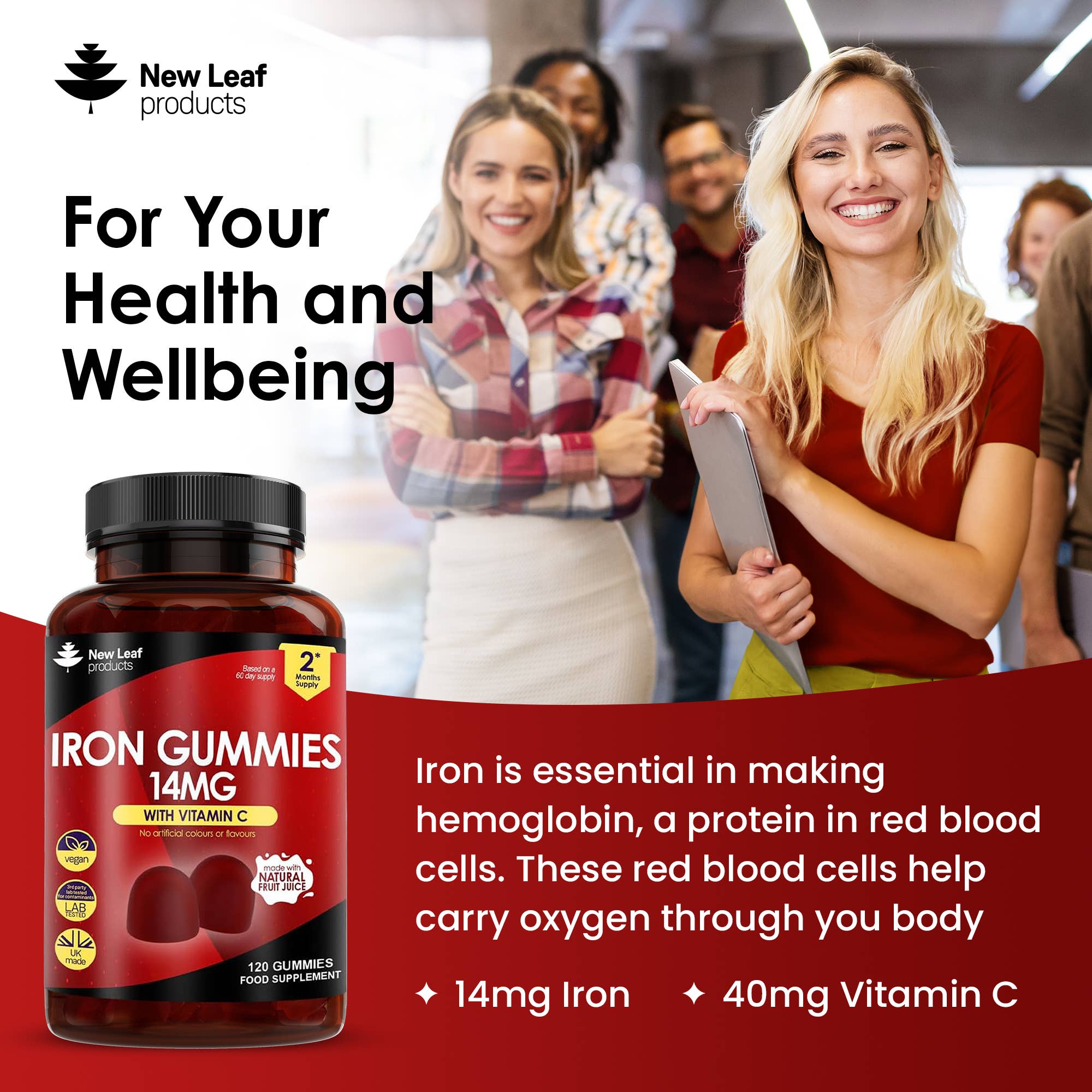 New Leaf products Ltd – wholesale Oral supplement/vitamin – Iron Gummies 14mg - 120 Iron Supplements Enriched Vitamin C2