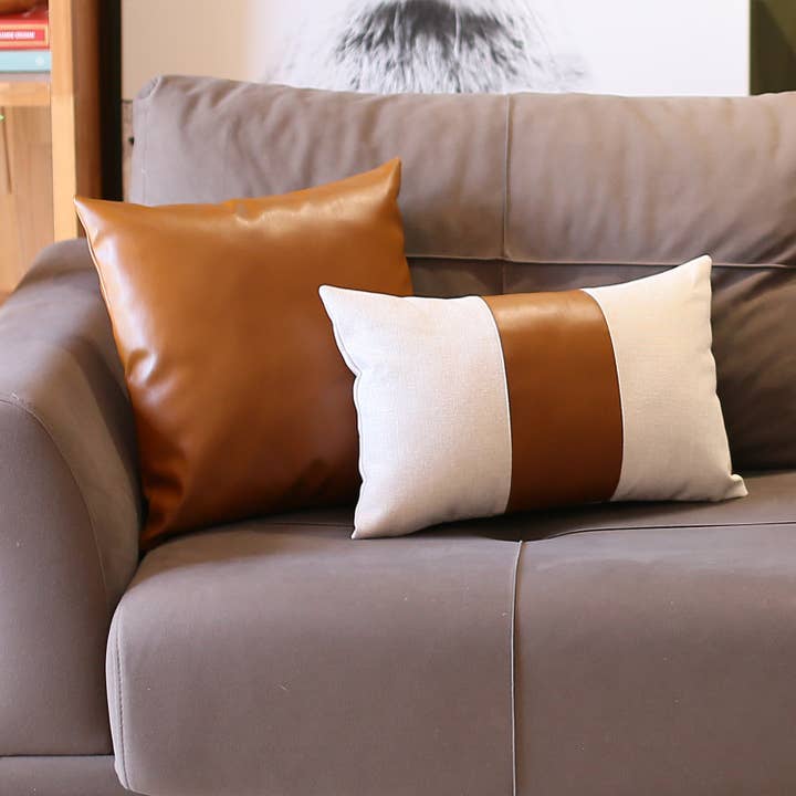 Set of 2 Mixed Brown Vegan Faux Leather Throw Pillow for wholesale by MIKE & Co. NEW YORK