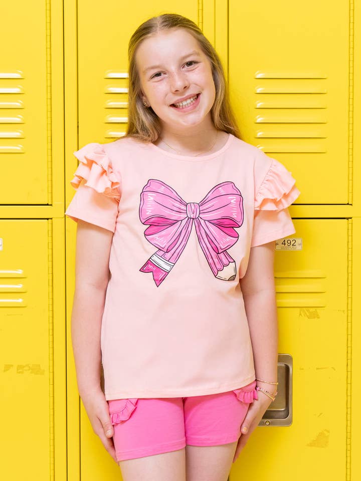 Marie Nicole Clothing - Wholesale Top & Short Set - Kids - Pencil Bow Ruffle Outfit2