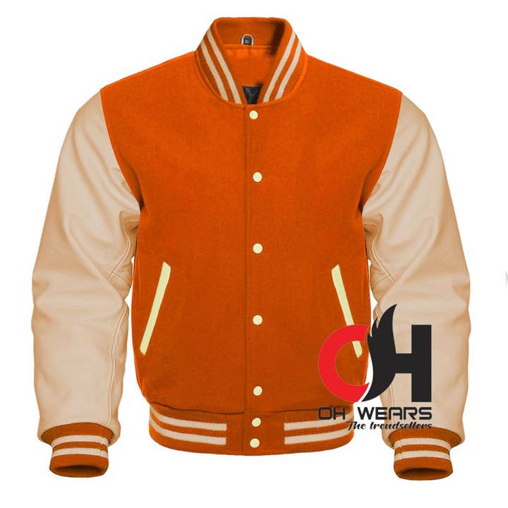 Orange uld og ægte cremefarvede læderærmer varsity jakke for engroshandel hos OH Wears