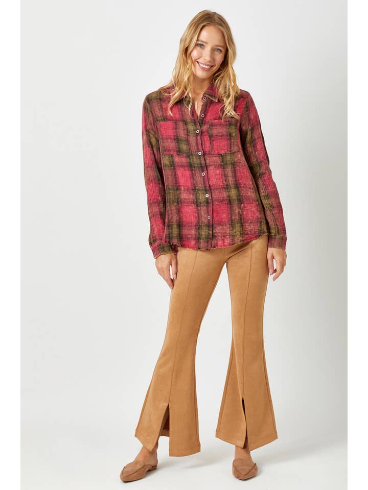 Mystree - Wholesale Button Down Shirt - Women's - 60294 Fringe Bottom Washed Plaid Shirt