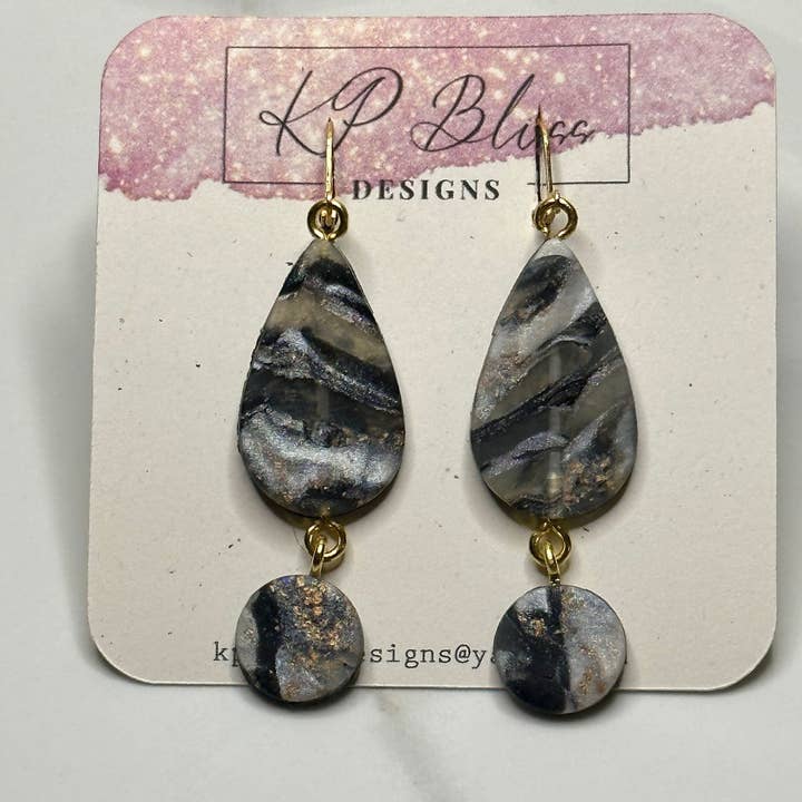 Handmade Marble Polymer Clay Black Gray Dangle Earrings for wholesale by KP Bliss Designs