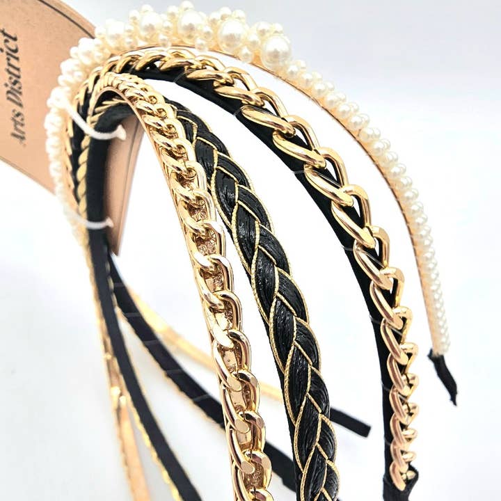 Juego de 4 Diademas Finas: Perla, 2 de Cadena Dorada y Trenzada Negra para venta al por mayor de Crover