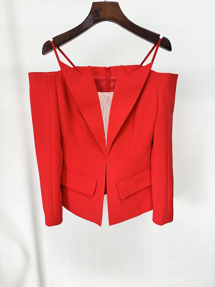 JK109Y Chic Red Off-Shoulder Blazer with Rear Zipper Design for wholesale on Faire2