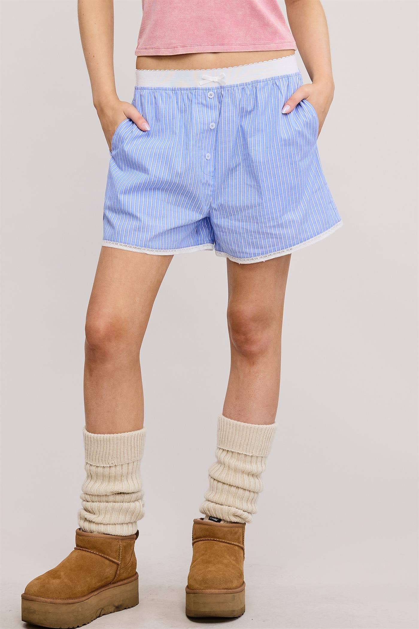 Mimosa - Wholesale Shorts - Women's - Scalloped Lace Hem Striped Boxer Style Shorts4