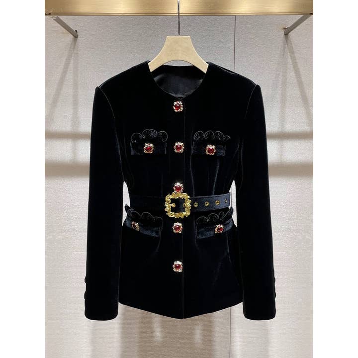 Chaqueta entallada de terciopelo con botones de gemas para mujer CT122Y para venta al por mayor de Productseeker