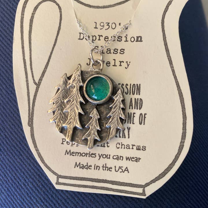 Teal Depression glass round Trees moon pendant necklace for wholesale by Peppermint Charms