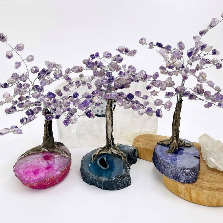 Rock Paradise - Wholesale Spiritual Stone/Crystal - Crystal Chevron Amethyst Tumbled Stone Tree on Agate Slab