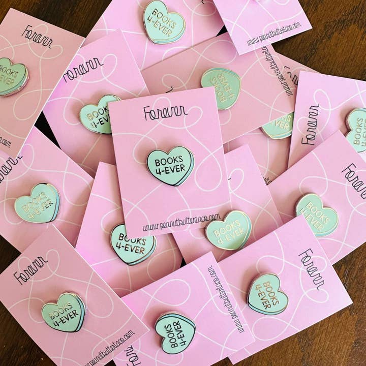 Heart Books 4-Ever Enamel Pin for wholesale by Peanut Butter Taco