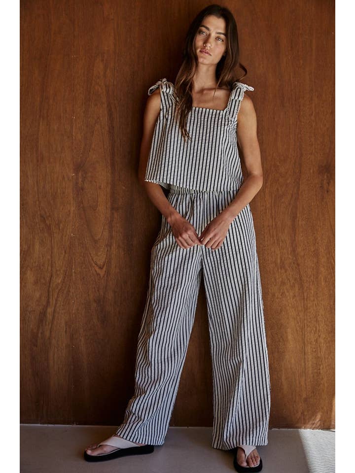 Ivory Denim L8477 | Woven Striped Sleeveless Tie Strap Crop Top for wholesale on Faire