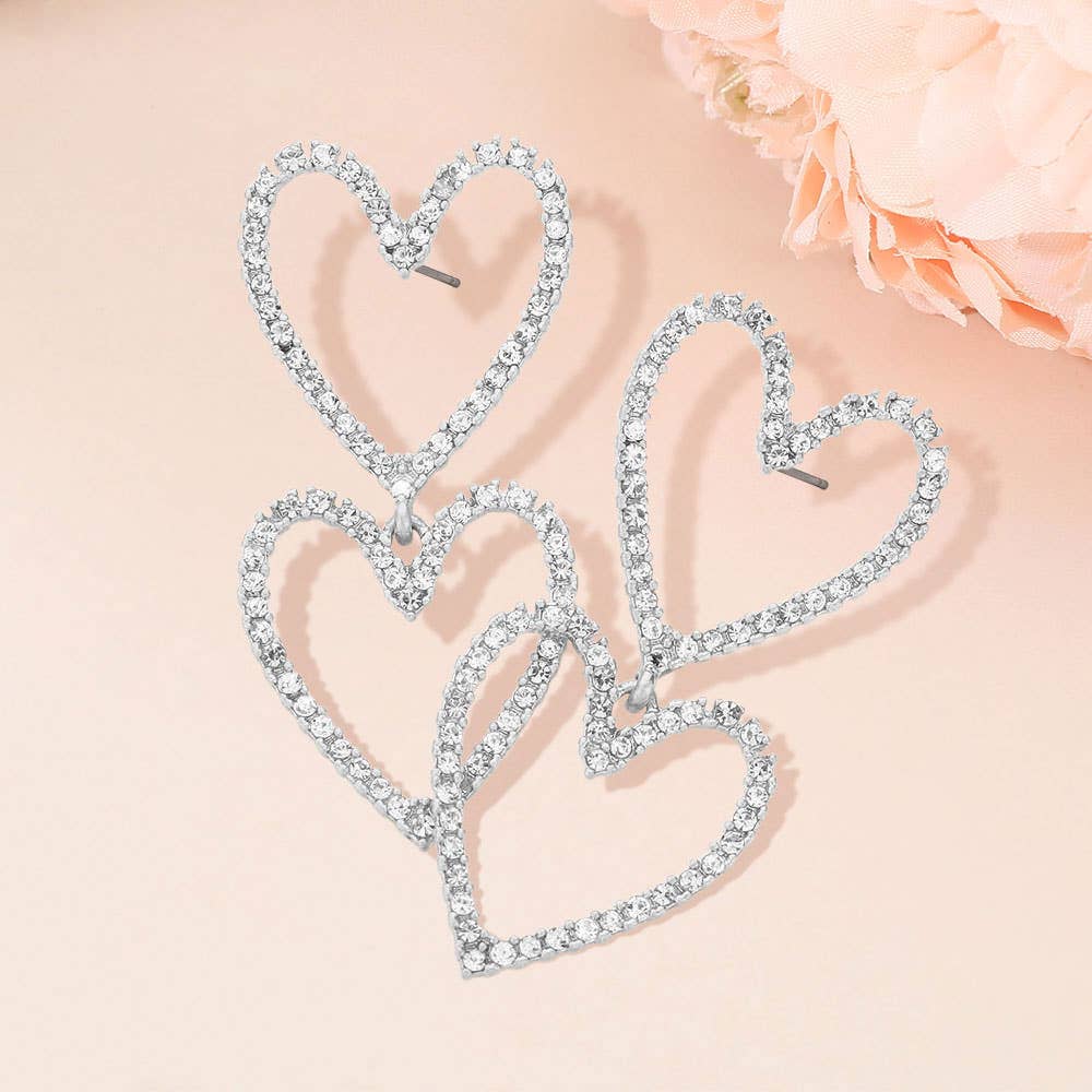 Sensibling Corp. - Vente Boucles d'oreilles pendantes - Boucles d'oreilles pendantes à maillons en cœur ouvert pavées de pierres0