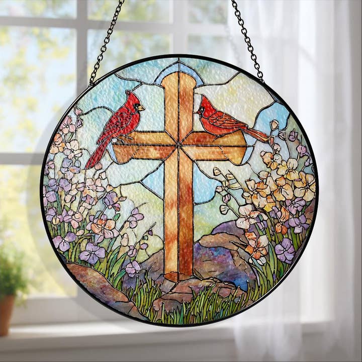 Croix en vitrail attrape-soleil, suspension de fenêtre chrétienne pour la vente par Glaizyo