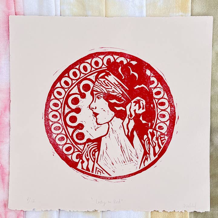 Lady In Red, Portrait Of Woman, Linocut Portrait Prints for wholesale by Ashley Waddell Crafts
