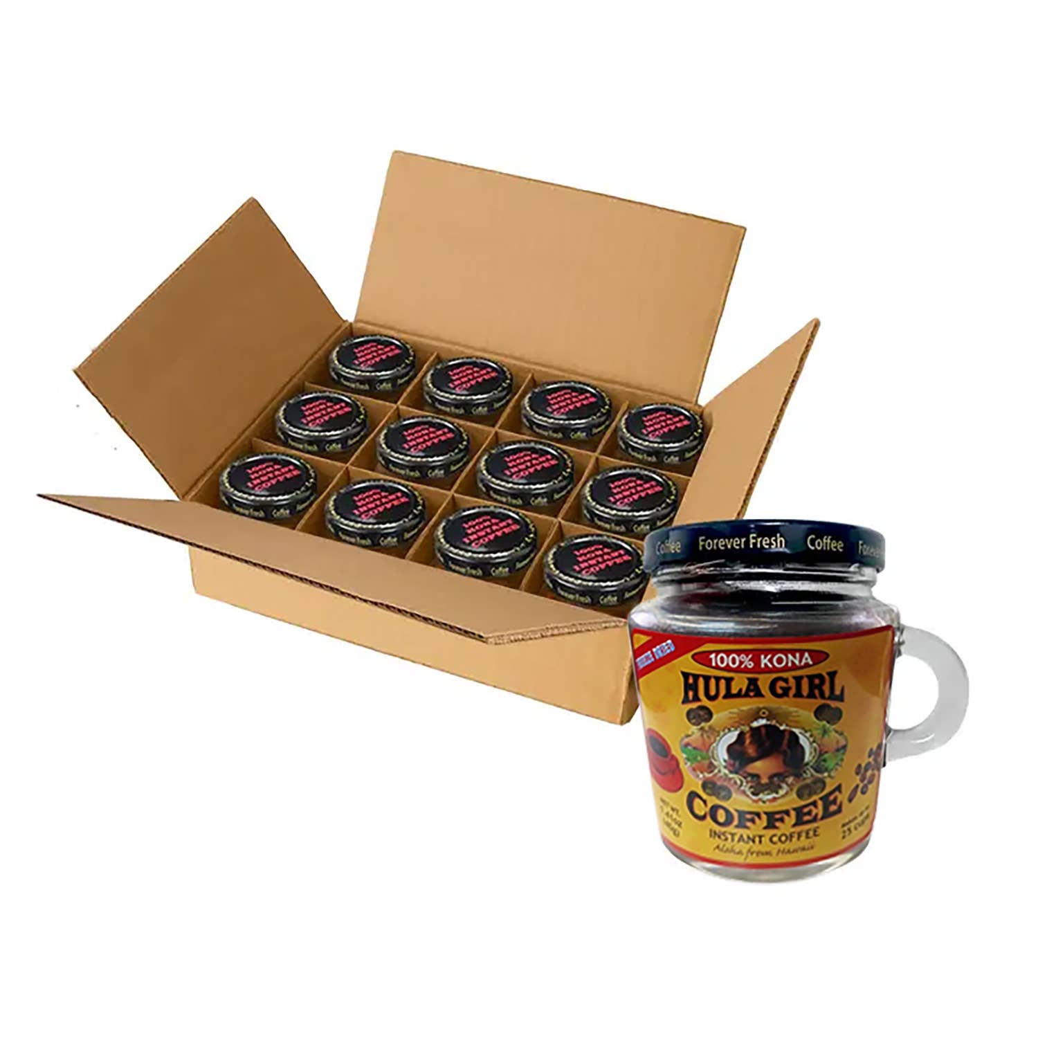 Hula Girl Products - Wholesale Instant Coffee/Espresso - Hula Girl 100% Kona Freeze Dried 1.4oz(40g) Jar – Box of 121