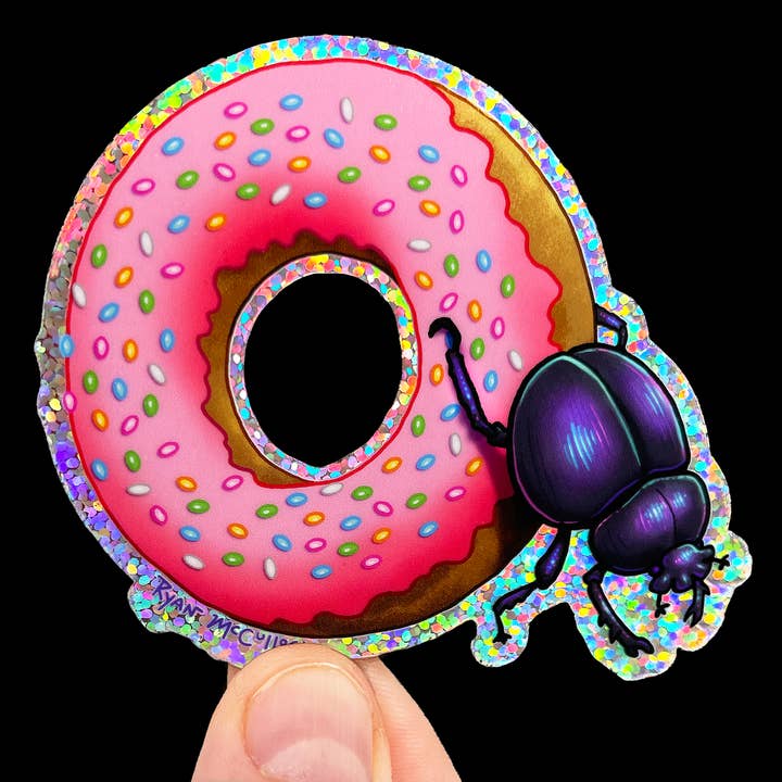 GLITTER STICKER: Dung-kin Donut (Dung Beetle Breakfast) for wholesale by Ryan McCulloch Art