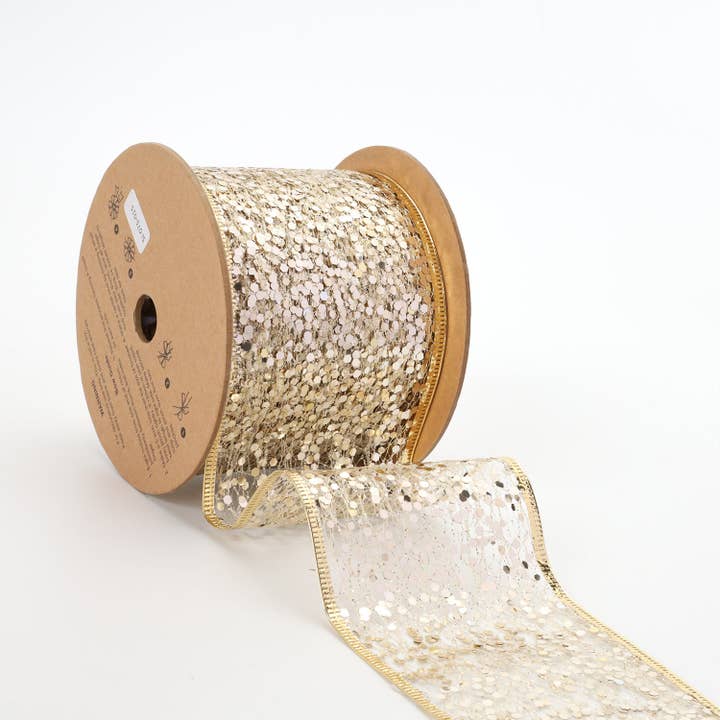LA Ribbons Wholesale - Wholesale Ribbon - Gift Wrapping - 3" Sequin Wired Ribbon | White Gold | 10 Yard Roll