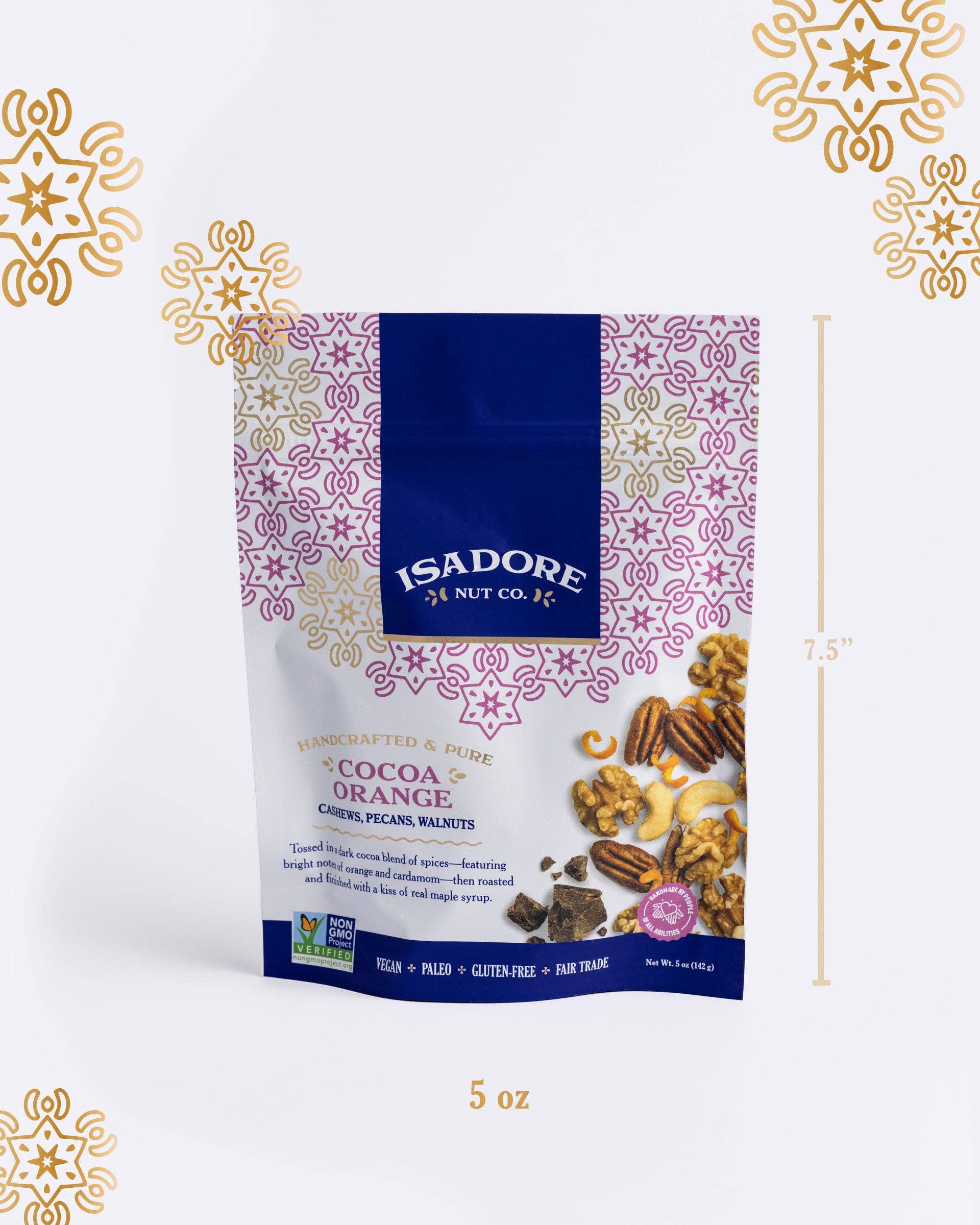 Isadore Nut Company - Wholesale Nuts - Cocoa Orange: Cashews, Pecans, Walnuts- 5 oz- Non-GMO1