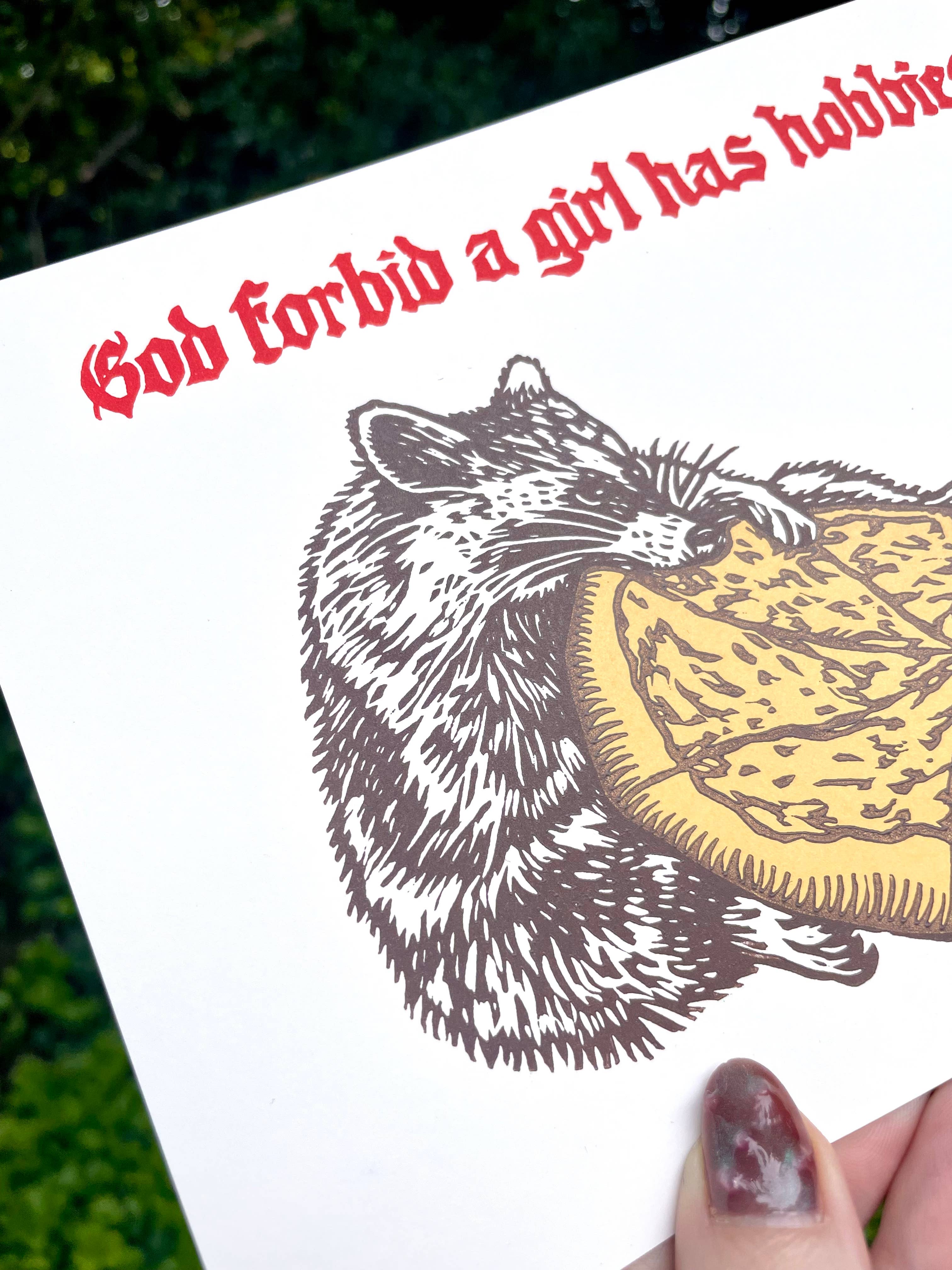 Augury Press - Wholesale Art Print - Raccoon Linocut Print1