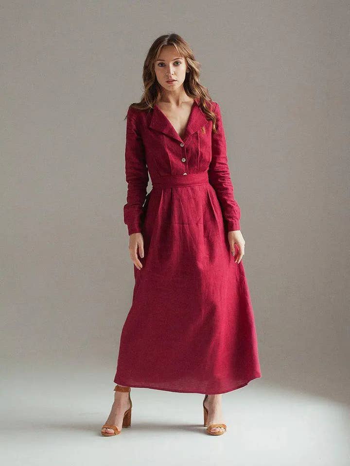 Burgundy Maxi Linen Dress Janet for wholesale by Velvety