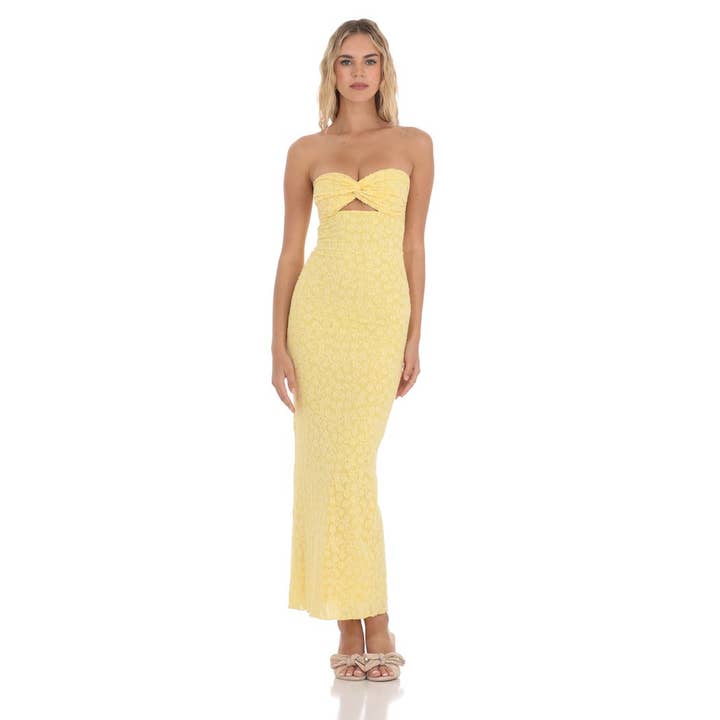 Lucy In The Sky - Wholesale Dress - Women's - Strapless Textured Floral Twist Maxi Dress in Yellow