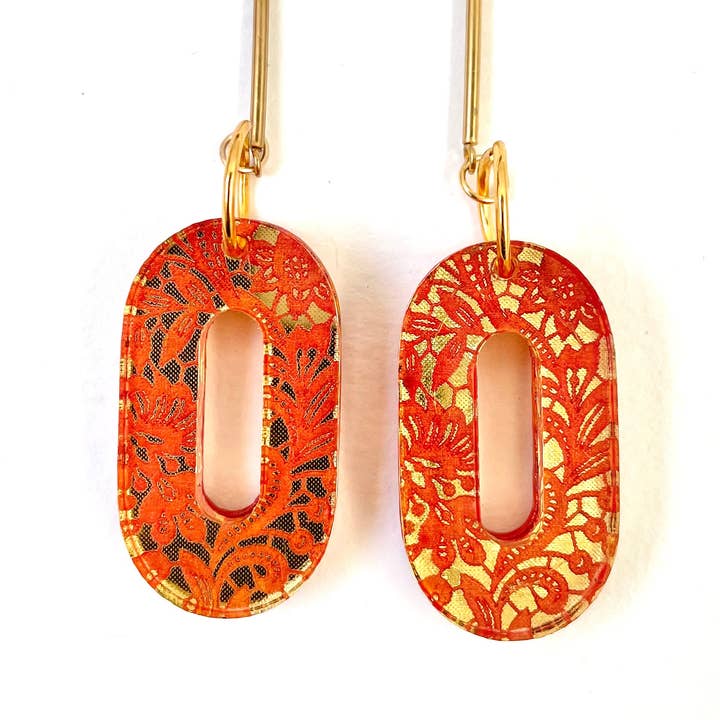 Mothú Jewellery - Wholesale Dangle Earrings - Dangle earring, scarlet and gold acrylic, lace pattern, gold