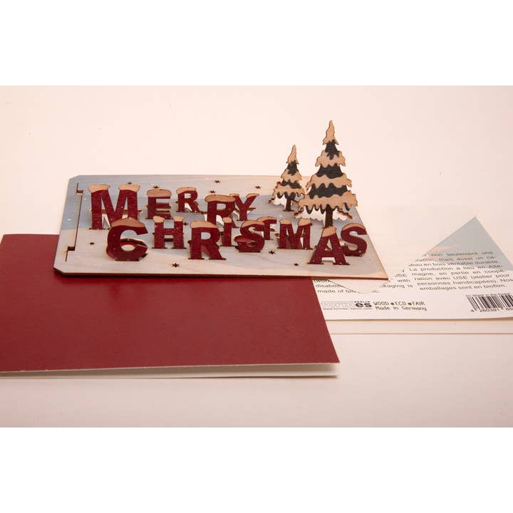 Merry Christmas - wooden greeting card with popup motif to stick for wholesale by Formes Berlin GbR