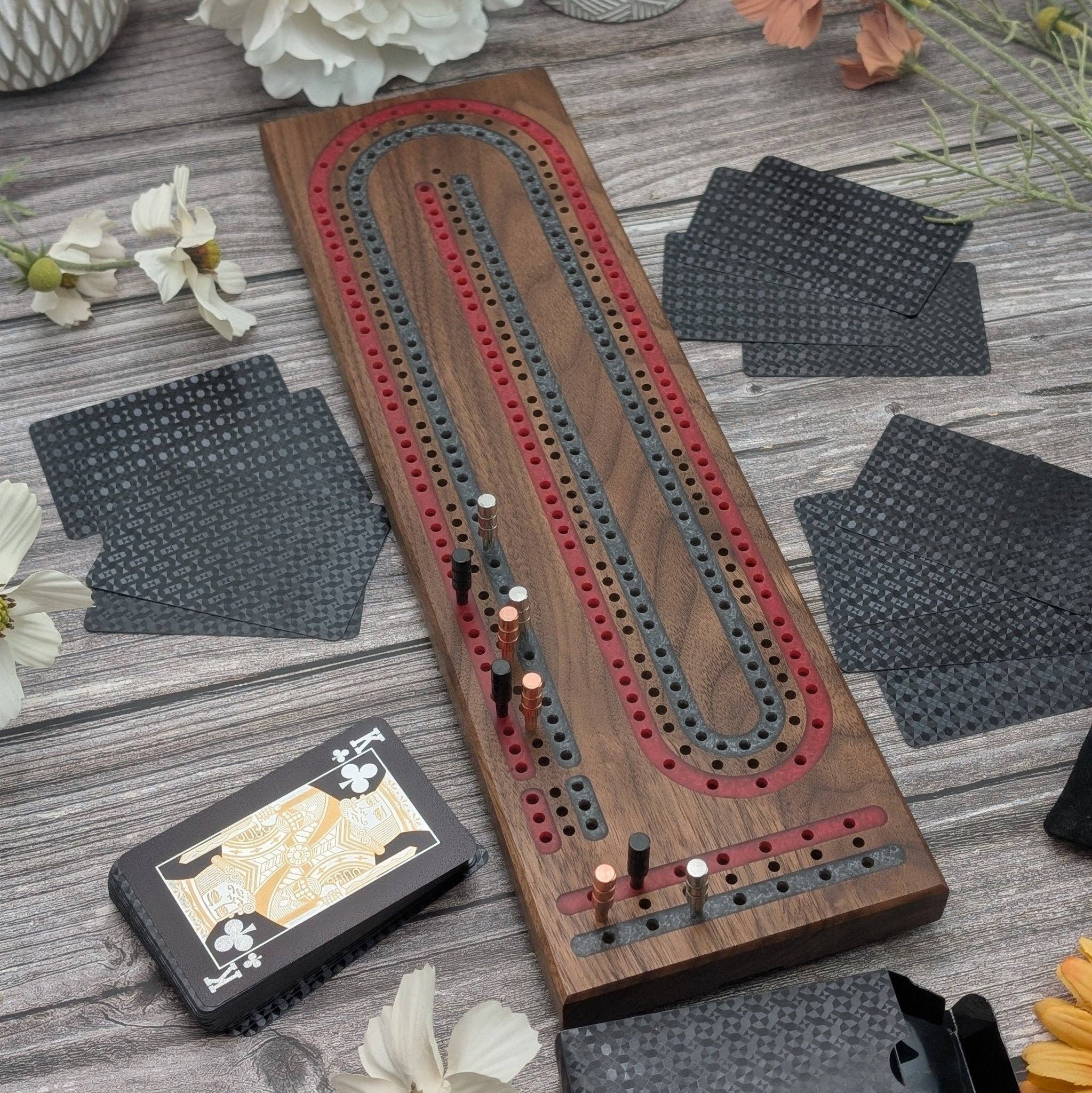 EBONWOOD – wholesale Board game – Premium Cribbage Board - Multi Lane Blood Red and Pewder Inlay6