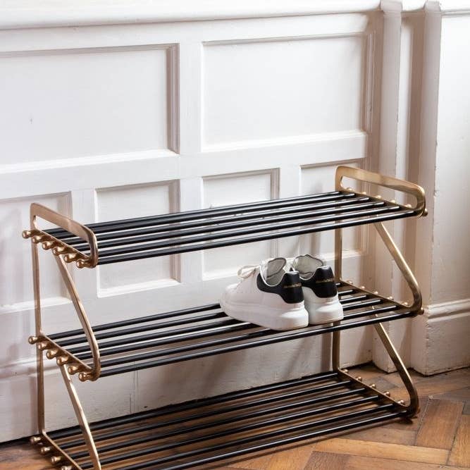 Three-Tier Black & Brass Shoe Rack dazzling design for wholesale by DDecorStore