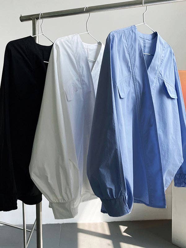 UZ Wholesale Store - Wholesale Button Down Shirt - Women's - Trendy Batwing Sleeves Solid Color V-Neck Blouses26