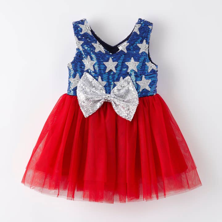 Girls 4th Of July Blue Star Sequins Red Tulle Dress for wholesale by Auraquise