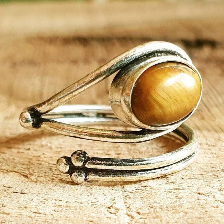 Ethnic style Silver & Tiger Eye Ring / Adjustable / Boho / Bohemian / Psy / Rustic / Tribal / Gypsy / Festival / Healing / Festival for wholesale by Kaali Boutique